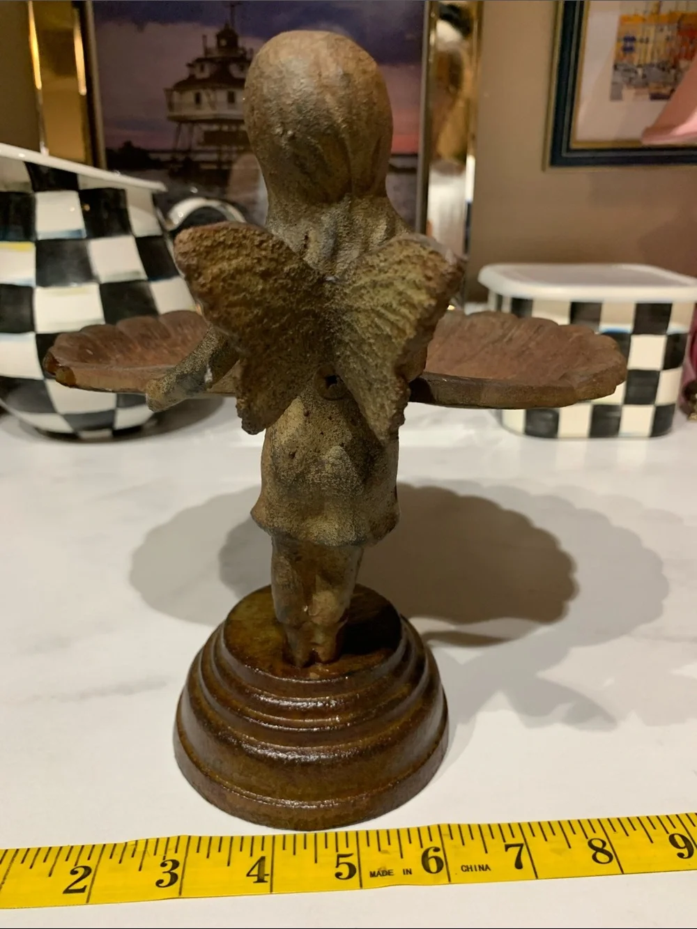 vintage-style 9”H cast iron fairy bird bath/bird feeder